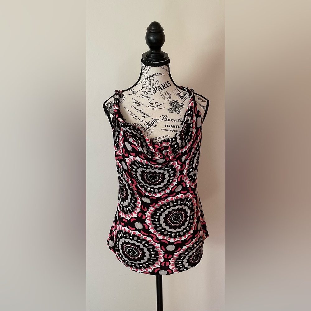 Pretty INC Floral Top Stretch Sleeveless Draped Scoop Neck Twist Straps